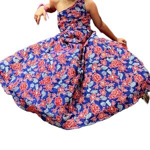 Girl's Custom made maxi formal gown embroidered red blue & silver approx size 6